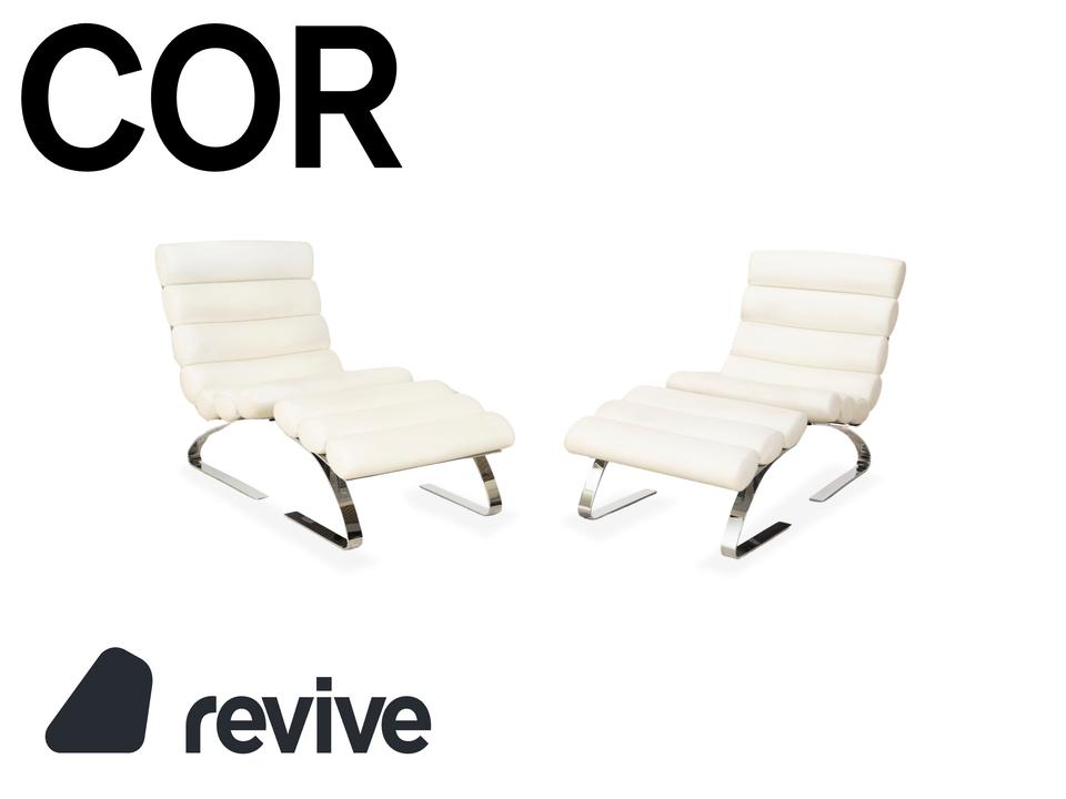 2x Cor Sinus Leder Sessel Freischwinger Creme Weiß inkl. Hocker