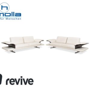 Himolla Leder 2x Dreisitzer Creme Weiß Holz Sofa Couch