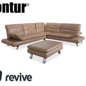 Contur Rodrigo Leder Ecksofa + Hocker Hellbraun Creme Mokka