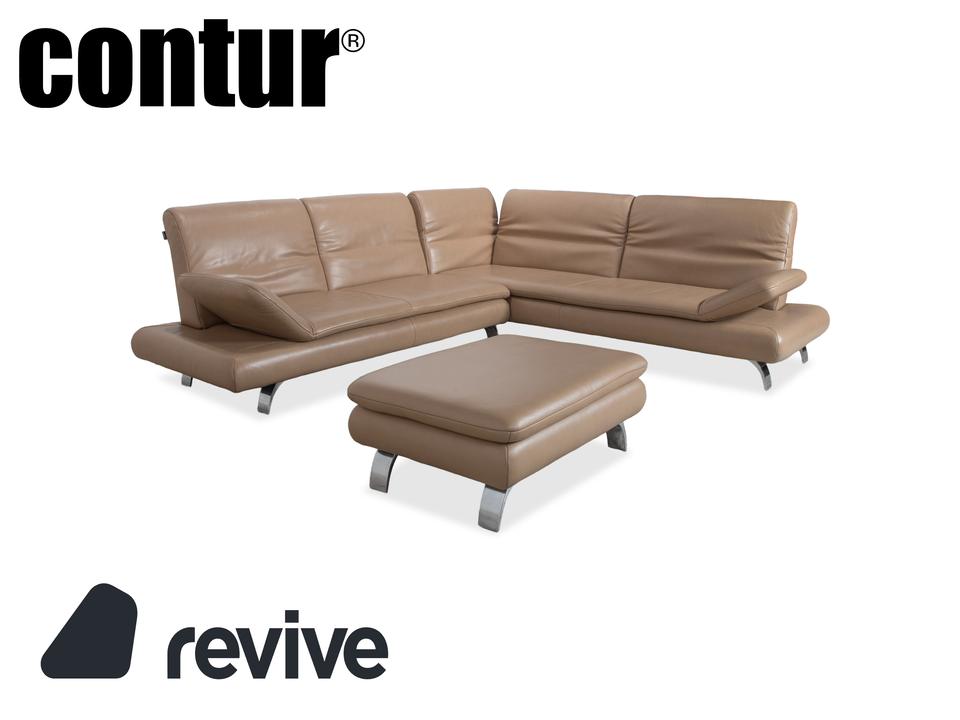 Contur Rodrigo Leder Ecksofa + Hocker Hellbraun Creme Mokka