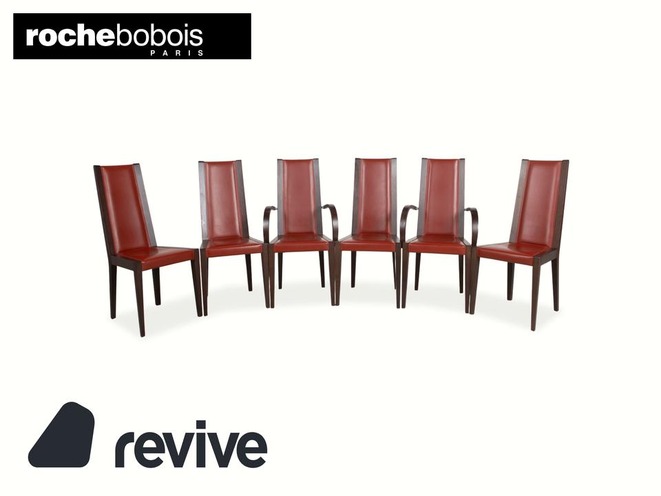 6er Set Roche Bobois Stuhl Garnitur Leder Rot Braun Holz